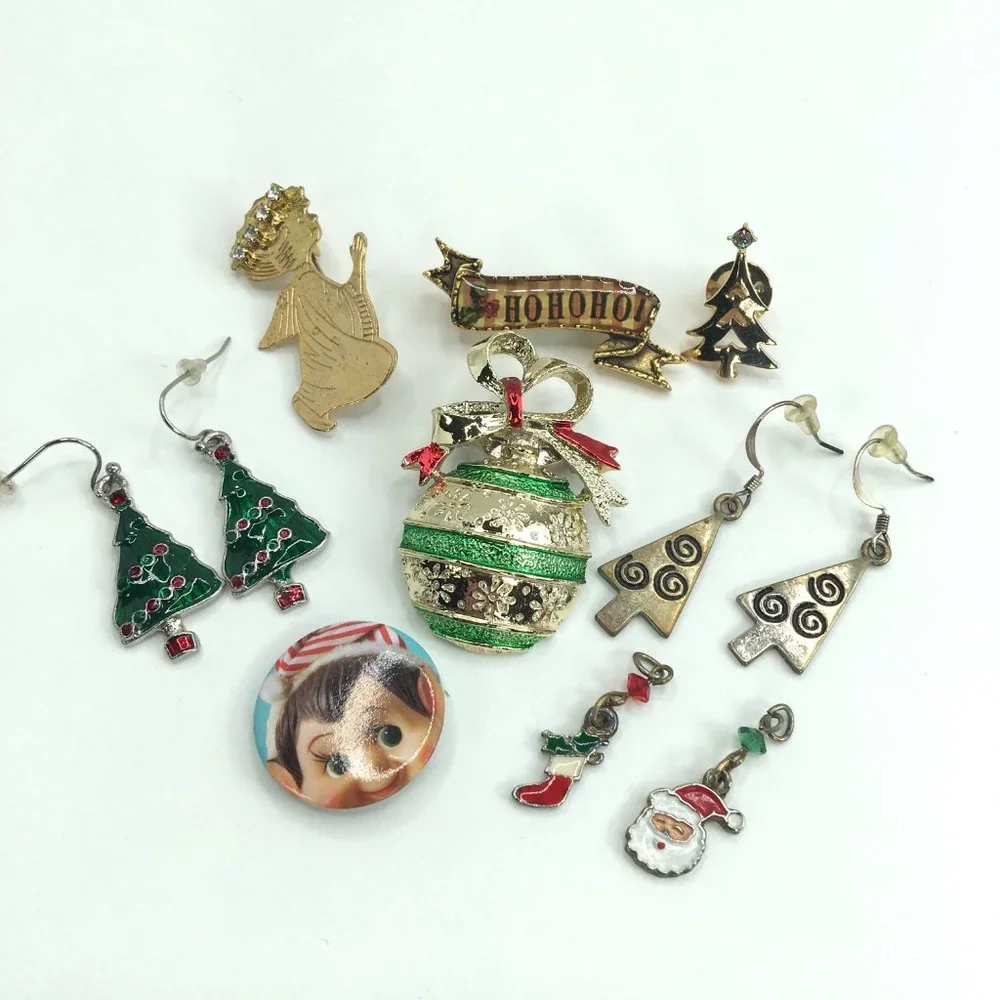 Christmas Holiday Pins Earrings Trees Santa Snowman